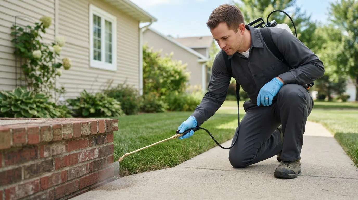 Pest control technician treating a home near Coal City, IN